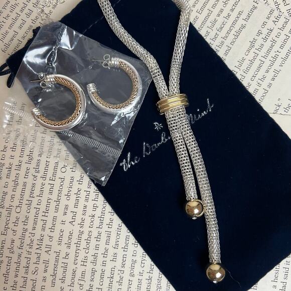 NEW Vintage 80s NRQ Lariat Silver and Gold Necklace Hoop Earrings Jewelry Set - Picture 1 of 15